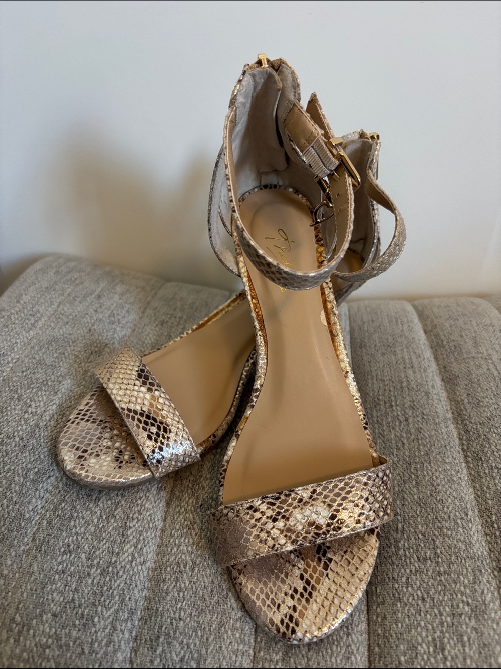 Thalia Sodi Metallic Snake-Print Ankle-Strap Heels in Metallic Beige 7.5